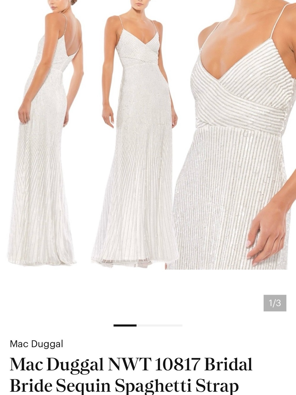 Mac Duggal White Sequin Spaghetti Strap Bridal Gown
